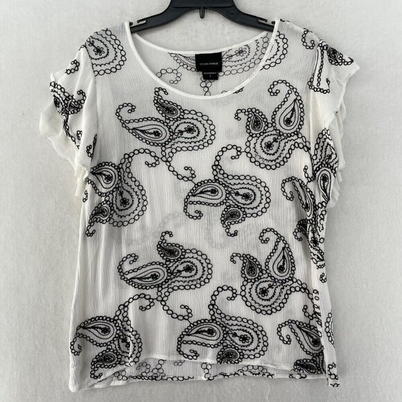 Liv Los Angeles Blouse Women's Sz L White Embroidered Paisley Flutter Sleeve - Picture 1 of 12